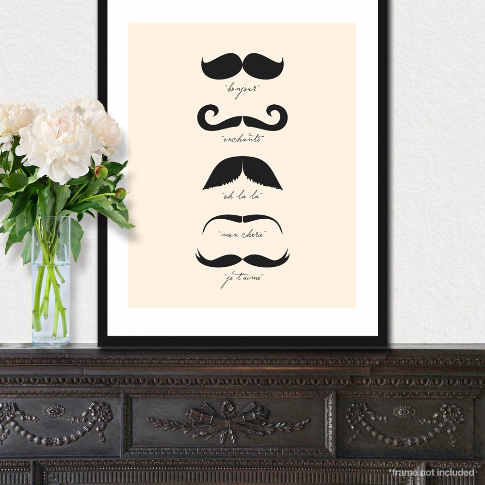 Monsieur Moustache - French 8x10 inch Print on A4 (in Cream and Black)