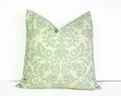 Sea Green Damask Pillow, Linen Pillow Cover, Decorative Throw Cushion, Country Cushions, Cottage, Couch Accent Pillow, Spring Trend  20x20