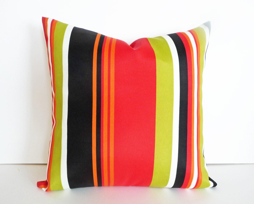 Bold Striped Patio Pillows, Bright Outside Cushion Covers, NEW Outdoor Pillow, Red Orange Green Black White Stripes, Beach House Decor 18x18