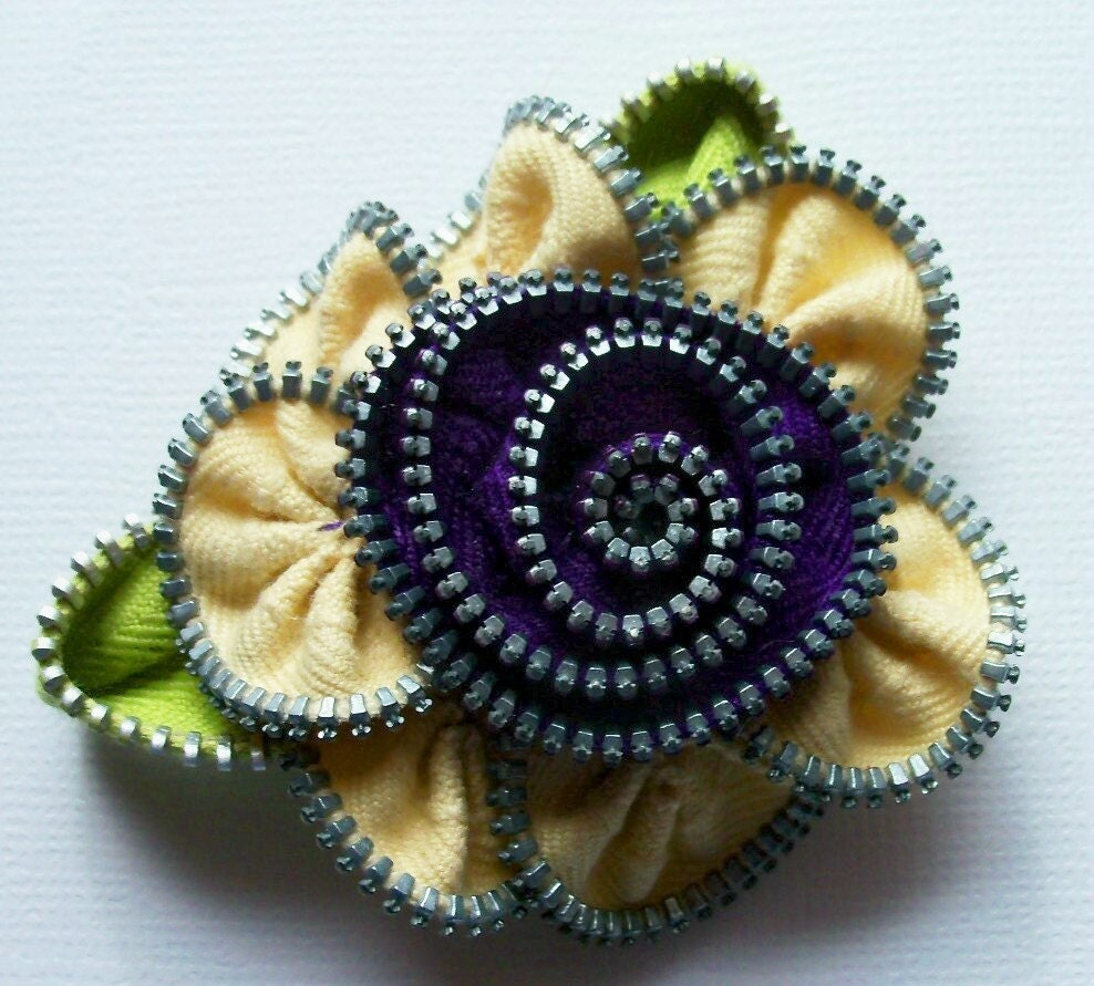 Primrose / Pale Yellow and Purple Floral Brooch / Zipper Pin by ZipPinning 2477