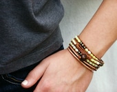Yellow Gold Leather Wrap Bracelet / Lemon Sunshine Jade Golden Pyrite Bohemian Eco Friendly Triple Wrap Bracelet / Bright Golden Sun Color