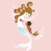 mermaid mother & baby girl. adoption gift. 8X10" giclee print on fine art paper. pink, mocha brown, aqua blue