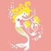 mermaid mother & twin girls. coral pink, olive green, blonde. 8X10" giclee print on fine art paper. mothers day gift.