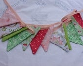 Pink and Green Bunting -  12 small flag Fabric Garland, Great for Spring, Weddings, Birthdays, Photo Prop