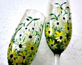Wine Glasses Hand Painted Bright Yellow Flowers Pair Tinted Green Glass