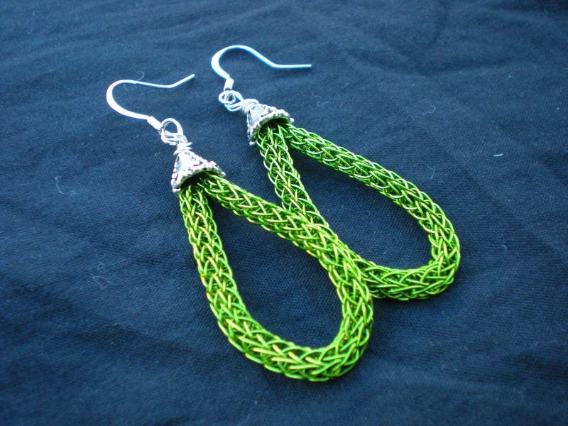 VIKING KNIT EARRINGS - 2 1/2 Inch Long Lime Green Colored Copper - Single Weave