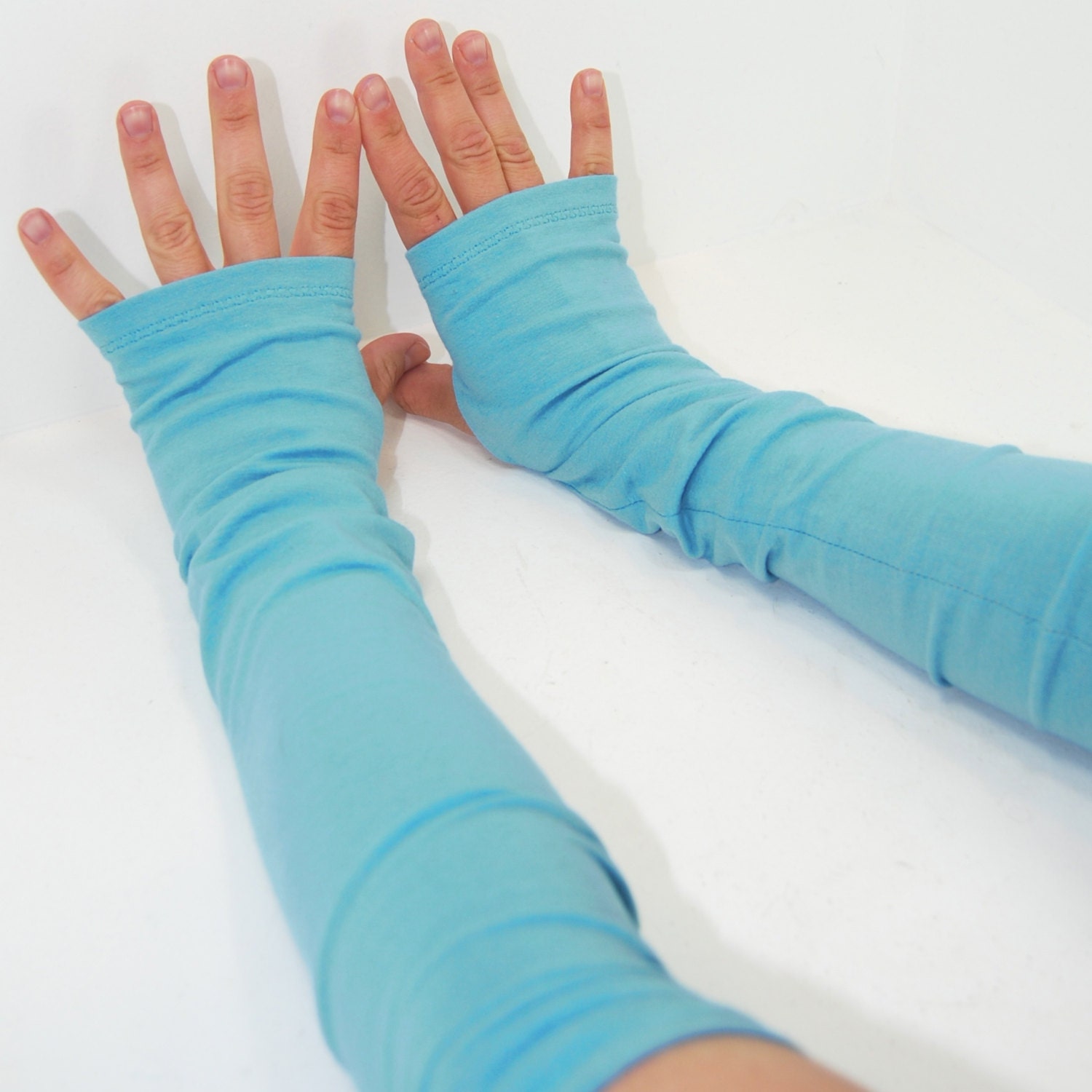 Arm Warmers in Sky Blue  - Long Fingerless Gloves