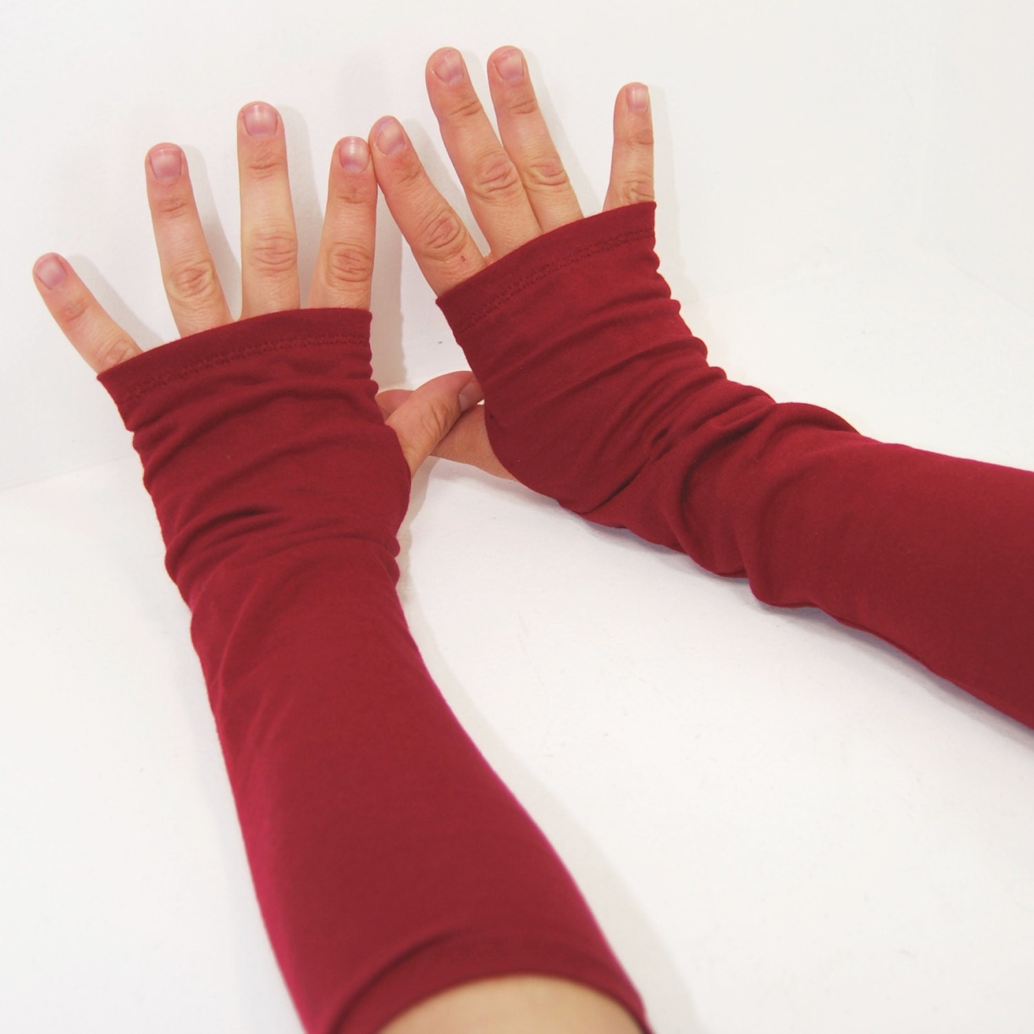 Arm Warmers in Dark Crimson Red - Cotton Fingerless Gloves
