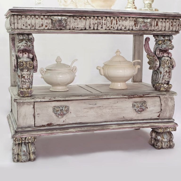 buffet server console shabby chic vintage distressed white country cottage griffin ornate carved