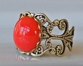 Coral / Orange Adjustable Ring In Antique Brass And Silver