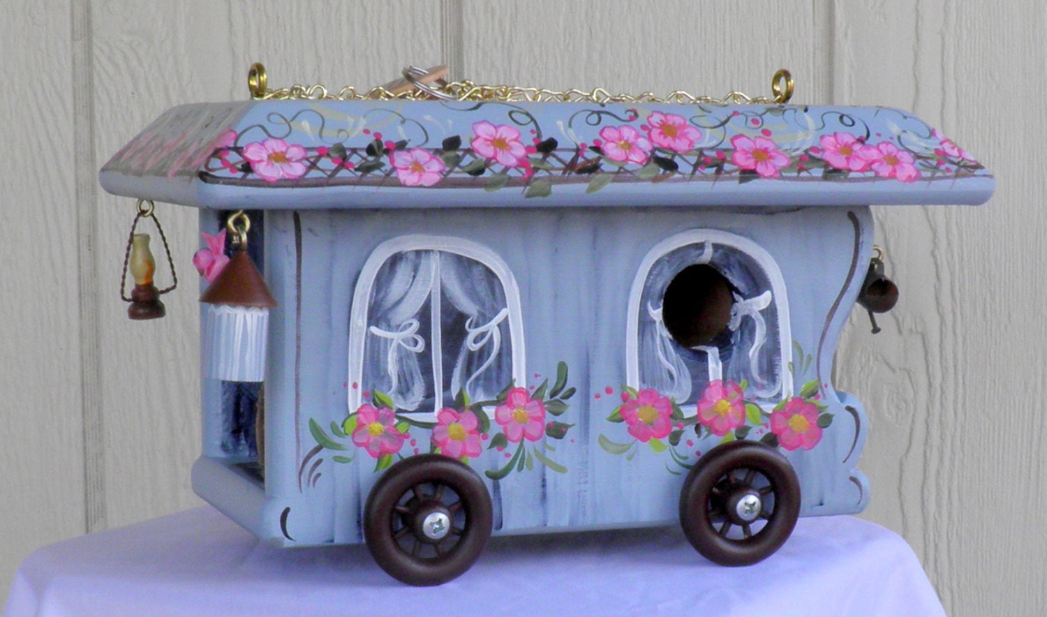 Eco-Friendly Gypsy Birdhouse Wagon, Hand Made, Hand Painted with Birdhouse