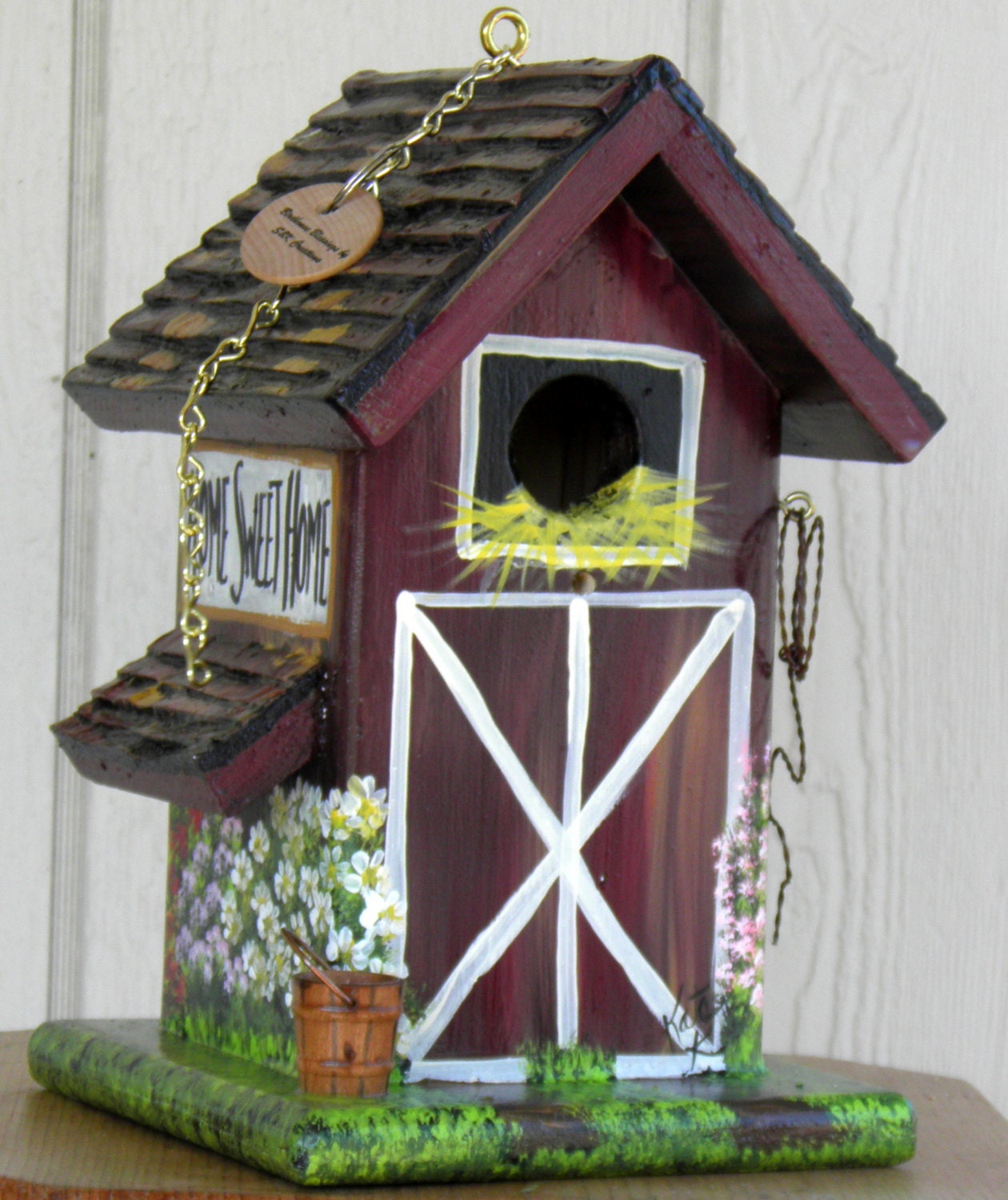 Eco-Friendly Brown Barn Bird House, Hand Made, Hand Painted with Flowers, Pick-ups, Horse and More