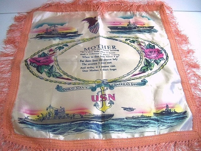Vintage World War II Souvenir U.S. Navy Mother Pillow Sham with Battleships and Roses