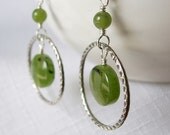 Green Jade Gemstone and Antique Sterling Silver Hoop Earrings, Moss, Forest, Grass Green, Wire Wrapped, Circle, Coin Shaped