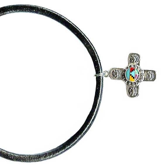 Zuni-style gem inlay sterling silver Southwest cross leather bracelet