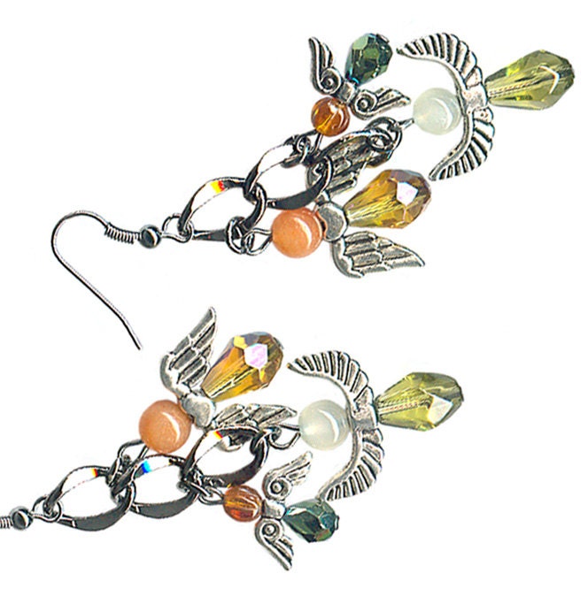 six protection guardian angels gunmetal chain dangle earrings