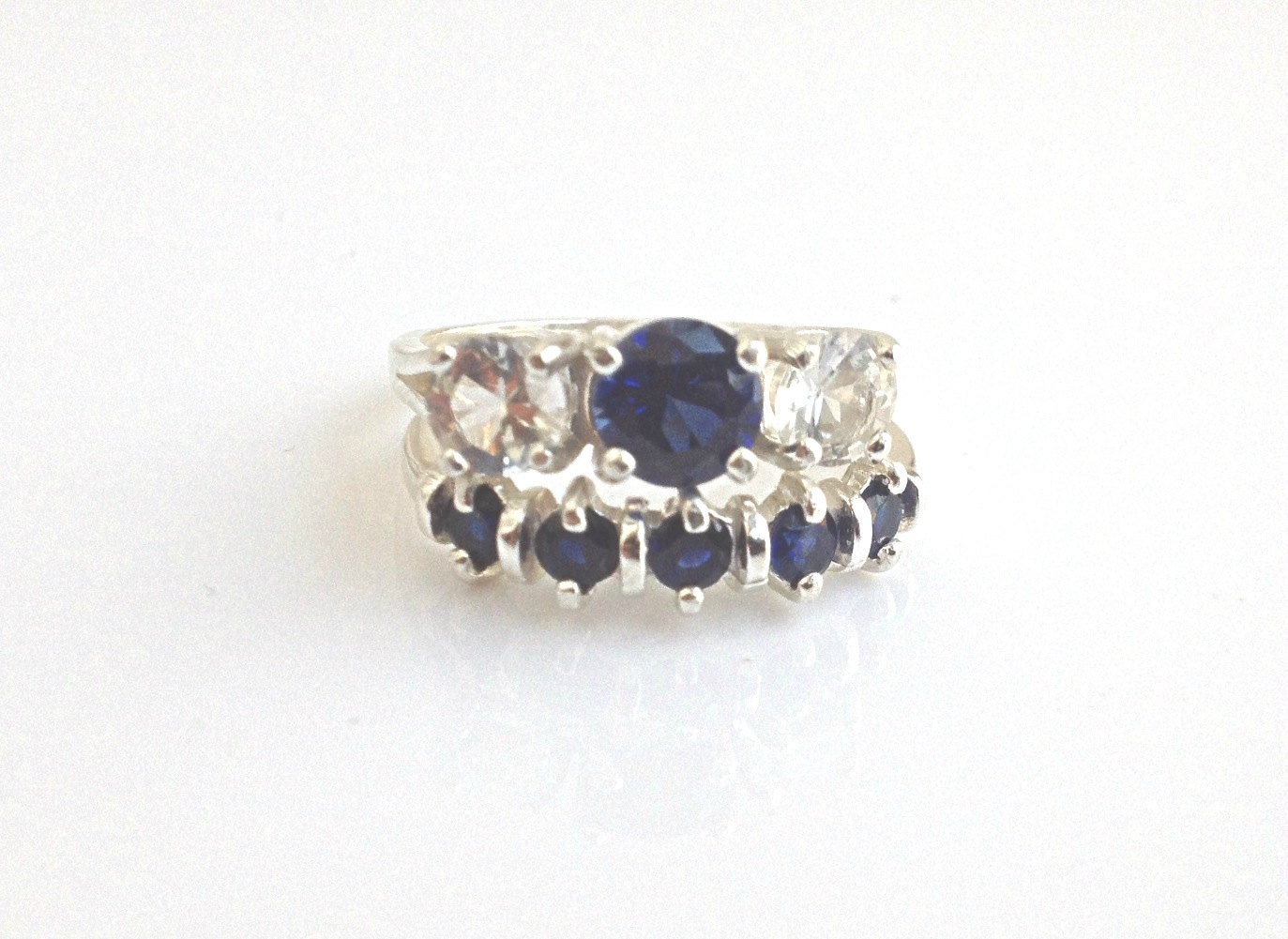 Wedding Ring Set Sapphire White Topaz Three Stone Ring Sterling Silver Made To Order