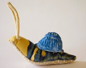 Soft Sculpture Snail with Ceramic Shell in Blue and Yellow