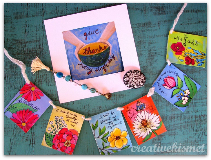 Gratitude Life Kit - gratitude beads, art print, blessing banner and a hand-painted stone