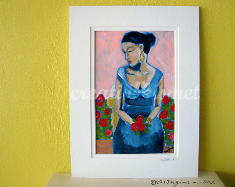 Woman Waiting with Flowers - Matted Original Painting by Regina Lord