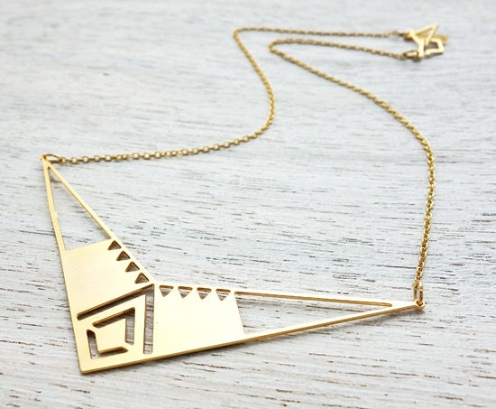 Aztec Necklace, Mexican inspired geometric gold silver plated pendant jewelry