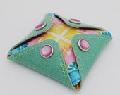 Vinyl Coin Purse, Snappy Square Puffy Pouch in pistachio green sparkle vinyl / mosaic tiles and solid yellow oilcloth