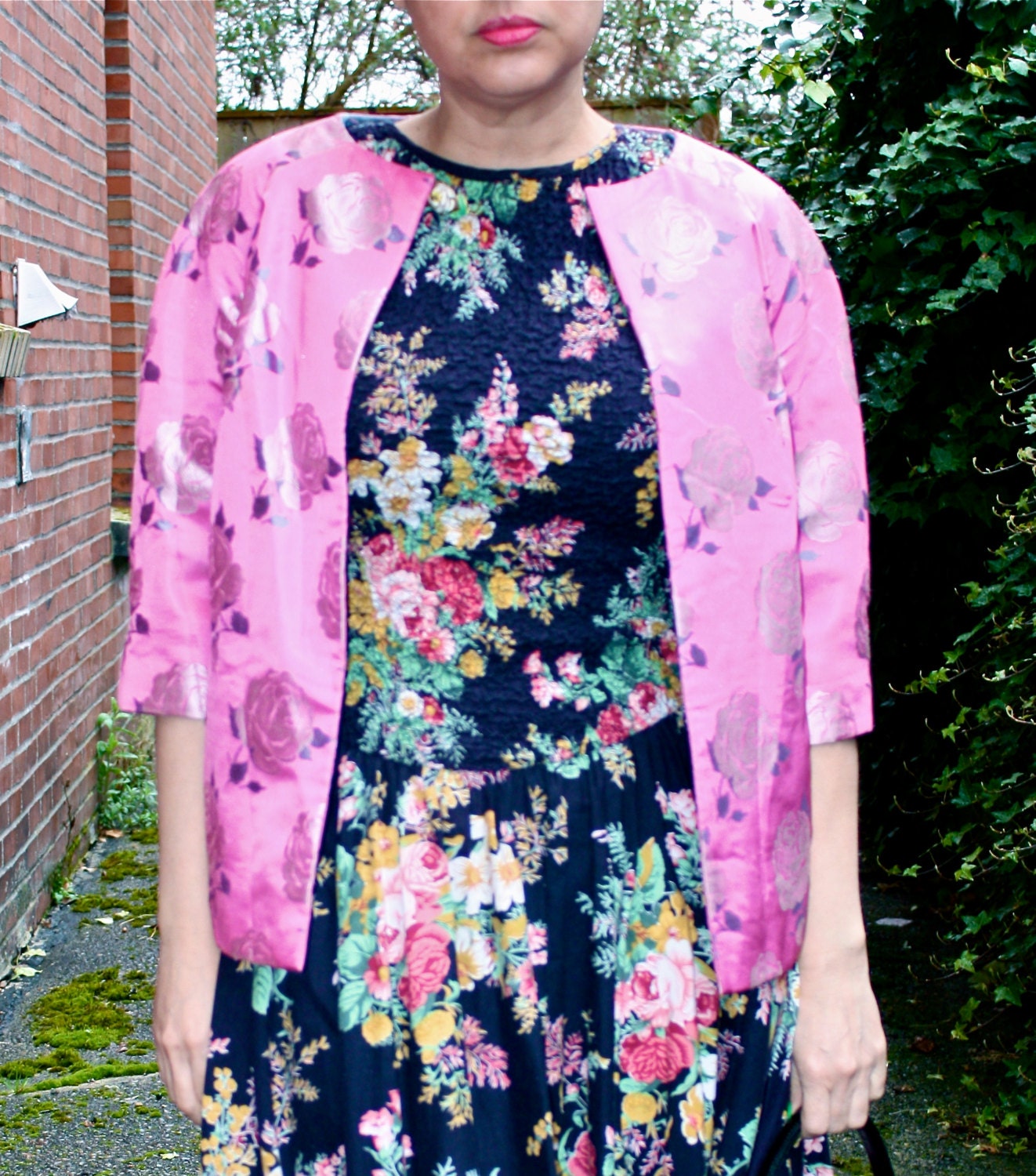 Vintage 1950s Silk Pink Rose Brocade and Blue Silk Jacket Womens MedLarge