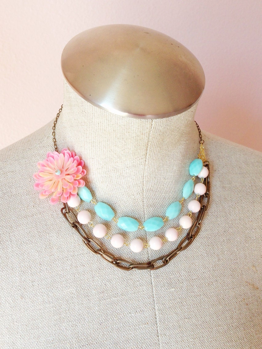 Layer necklace, pastel, aqua, coral, flower, statement necklace