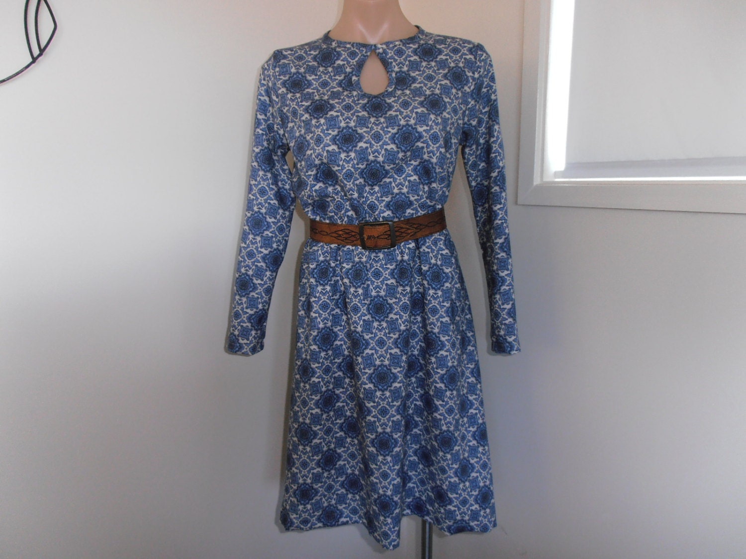 medallions in blue and cream...long sleeved  day dress in vintage fabric