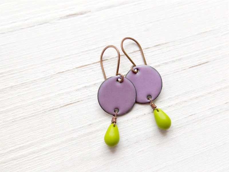 Purple Drop Earrings, Lilac Enamel On Copper With Chartreuse Green Glass Beads