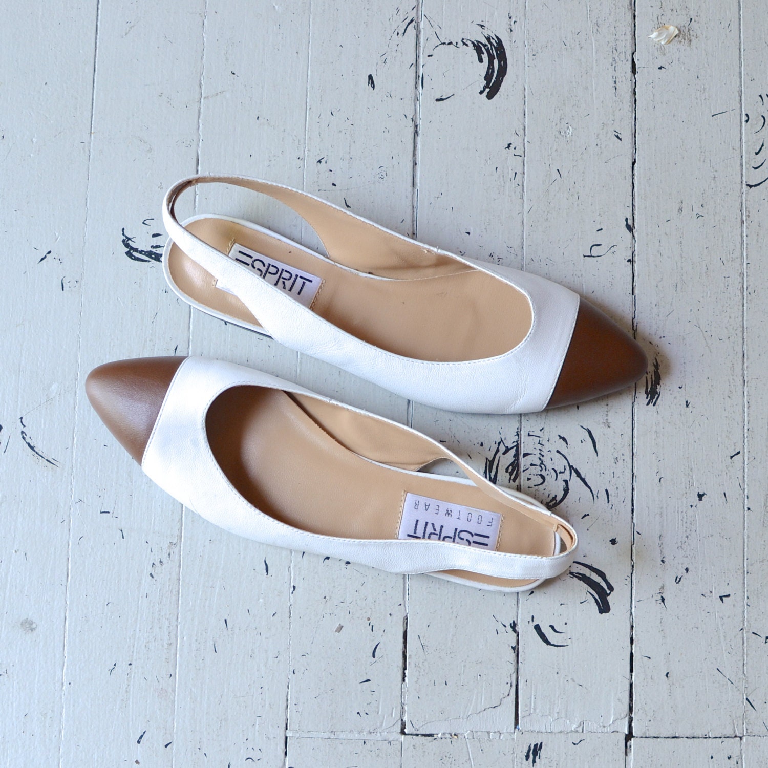 1980s leather flats / Esprit white leather flats / Cap Toe skimmers