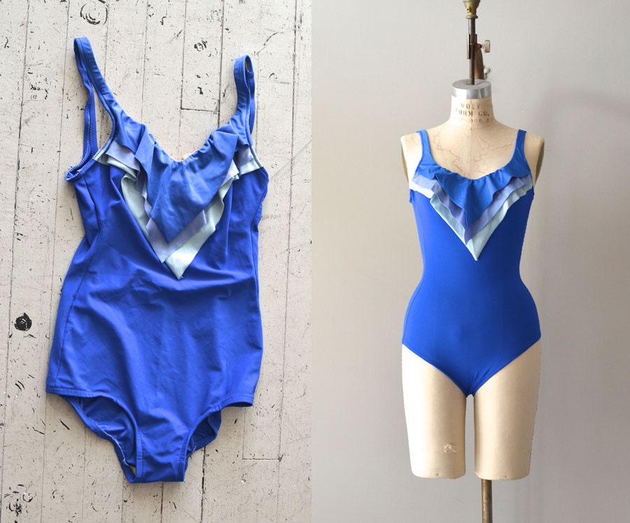 ruffled vintage swimsuit / 1970s swimsuit / Ocean Blues swimsuit