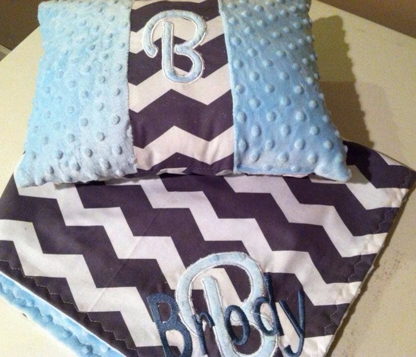 Baby Girl or Boy Reversible Blanket and Pillow with Minky Personalized Monogram Name and Initial Appliqué You Choose Fabrics