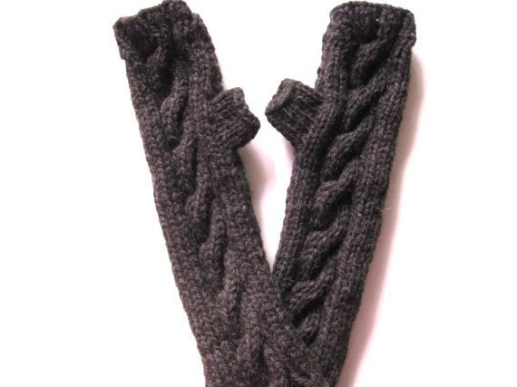 Dark brown  fingerless gloves mitts -3" cuff -  teens - women - cables - hand knit - ready to ship