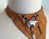 Doeskin leather choker, bear, beads, native american ,fringe, festival