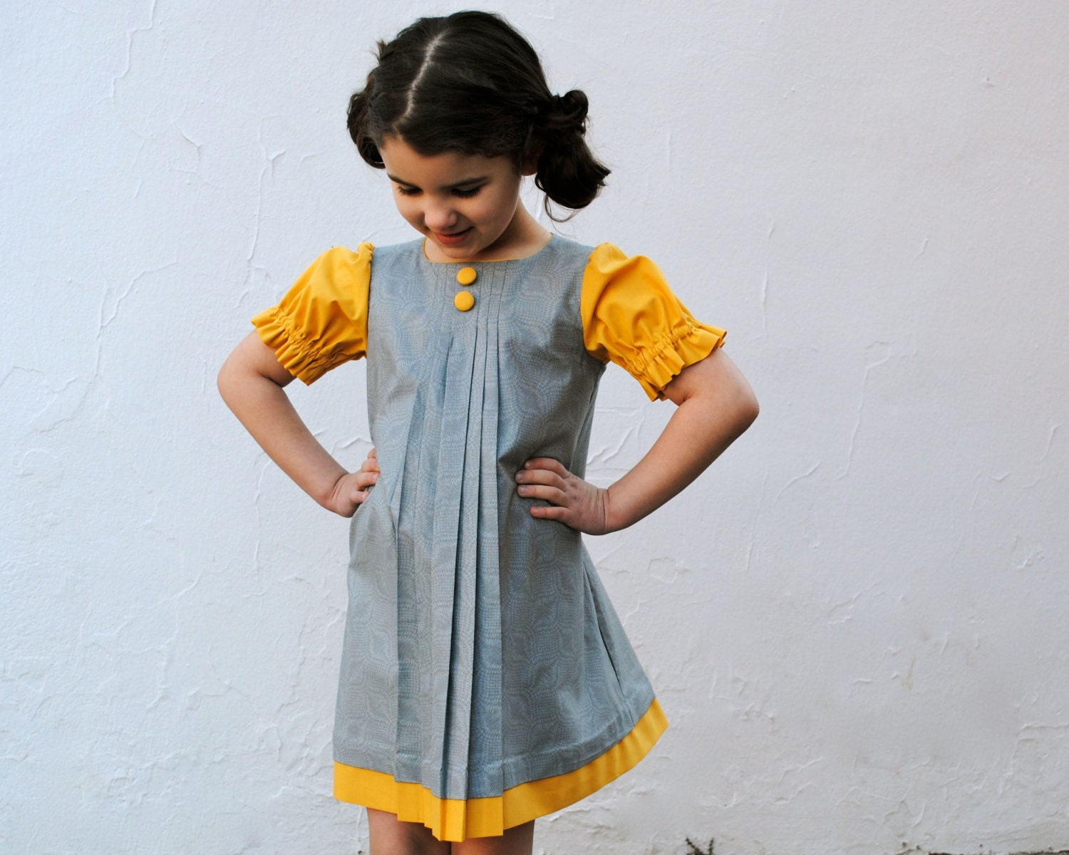 The Audrey Dress - Girls Dress in Retro Style Yellow Gold and Gray with Box Pleats - Handmade Indie Kids Fashion (Ready to Ship 3T 4T)