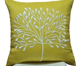 Yellow TreePillow Cover, Throw Pillow Cover 18 x 18, Yellow Citrine Linen with White Tree Embroidery, Yellow Cushion