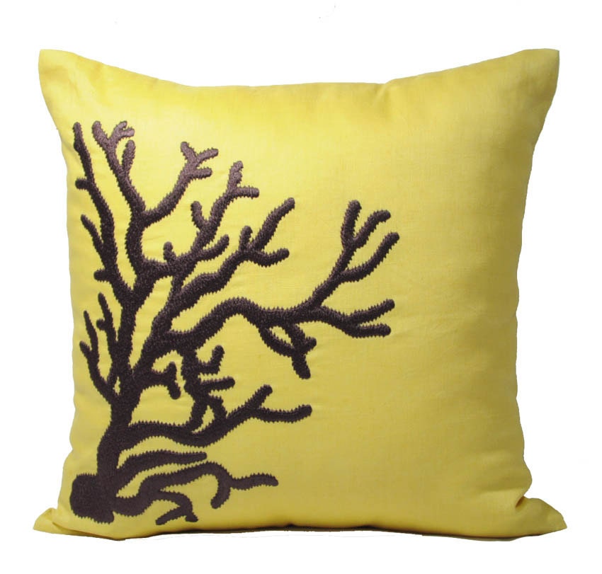Nautical Coral Pillow Cover, Yellow Citrine Linen with Dark Brown Coral, Decorative Throw Pillow Cover 18 x 18, Pillow for Couch