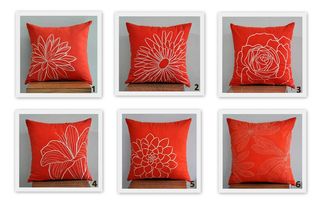 Lotus DecorativeThrow Pillow Cover, Orange Pillow Beige Lotus, Accent Pillow, Pillow Case 18x 18, Cushion Cover, Linen Pillow