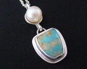 Clouds - Turquoise and Pearl Handmade Necklace - Set in Sterling Silver - Carico Lake Turquoise - Trapezoid - Round - Geometric