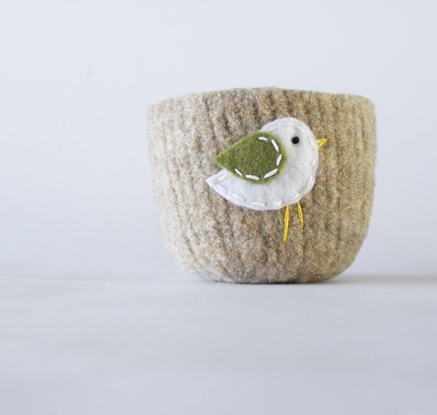felted bowl - beige wool bowl with sage green and white bird -  spring inspired container for jewelry or air plants - theFelterie