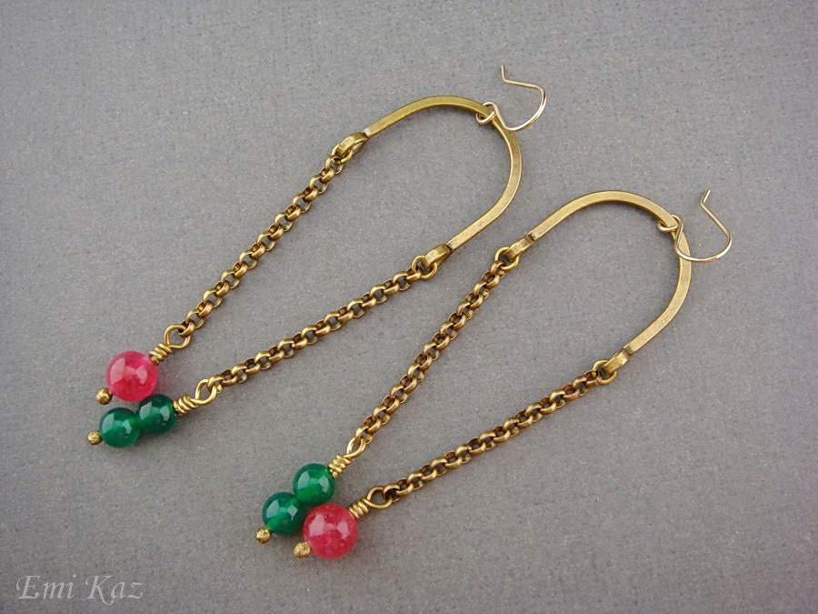 Modern Dangle Long Elongated Mix Metal Earrings, Brass, 14K Gold Filled, Green, Pink