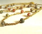 Hand crochet gold and bead necklace or bracelet.  Autumn Jasper on vintage golden metallic crocheted chain.