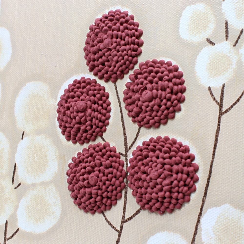 Original Painting of Flowers - Khaki and Red Textured Acrylic Wildflowers - Small Canvas Art 10X10 - MADE TO ORDER