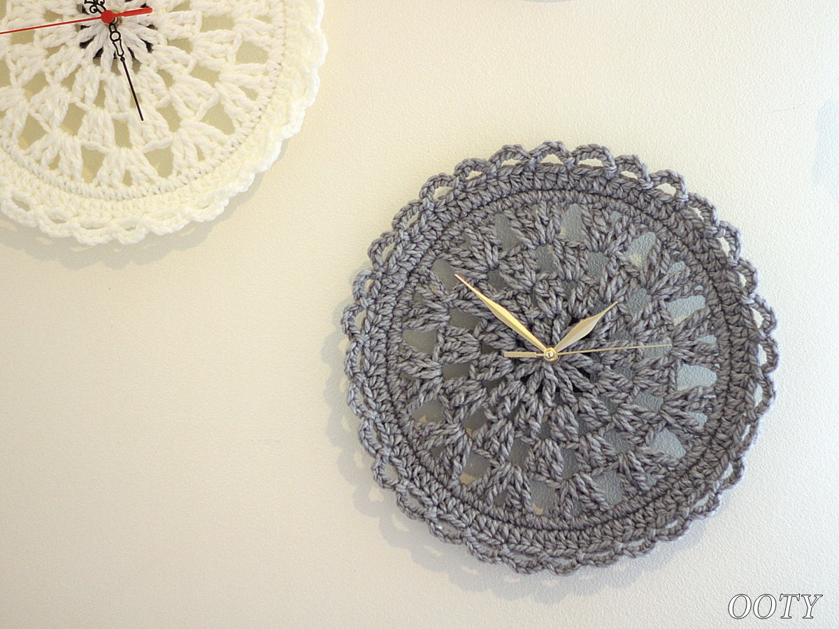 clock gray chrochet doily clock for home, round clock, home decor