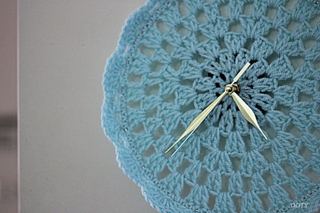 Clock aqua baby blue chrochet doily clock for home, round clock, home decor