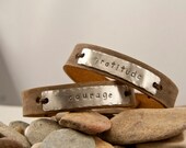 Courage and gratitude rustic leather cuff bracelets, pair,  1/2 in, distressed leather