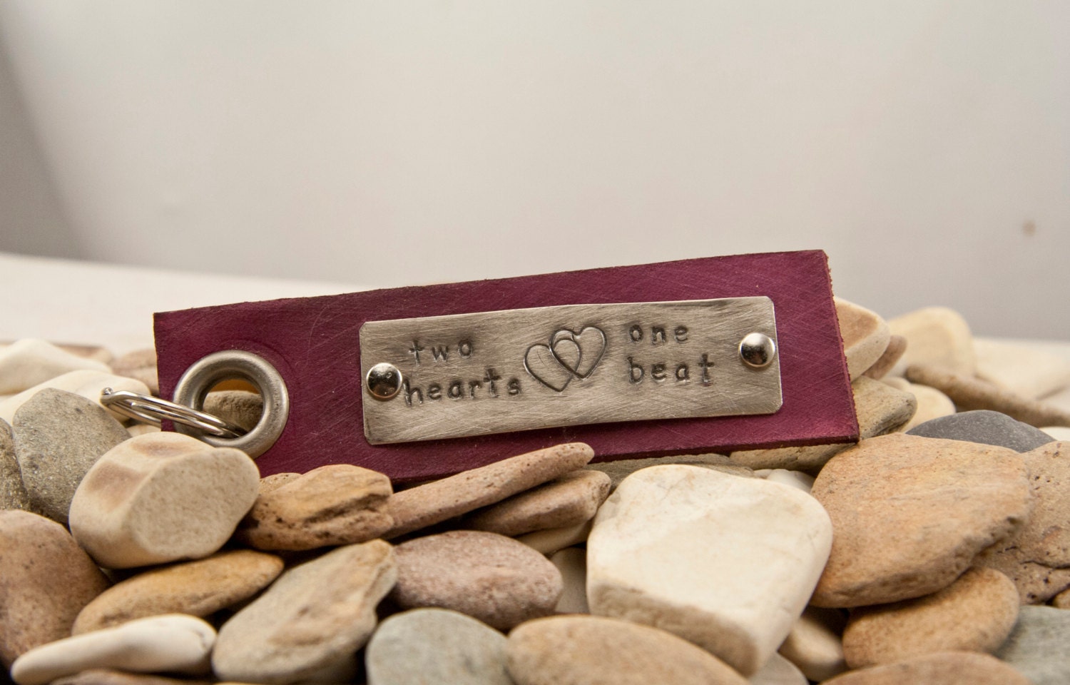 Two hearts, one beat leather distressed keychain