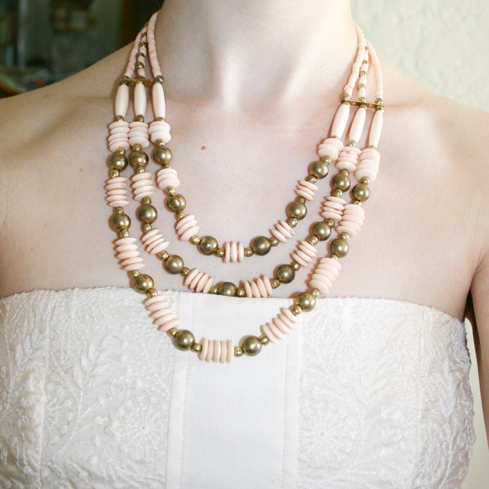 Pale Pink Shell and Brass Beaded Necklace
