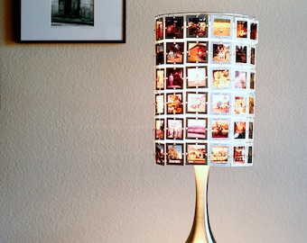 Lampshade made from vintage slides with modern brushed stainless droplet base